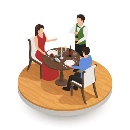 Waiter with bottle of vine and couple of young people tasting wine in restaurant isometric design concept vector illustrationのイラスト素材