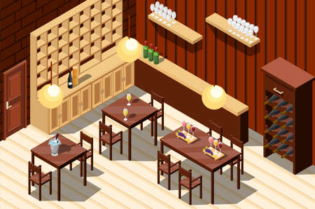 Isometric wine restaurant indoor composition with room interior shelves with bottles and served tables with chairs vector illustrationのイラスト素材