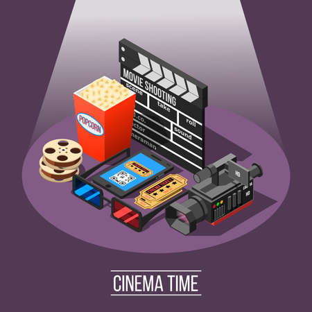 Isometric movie shooting composition with essential filmmaking appliances and cinema attending accessories tickets and smartphone vector illustrationのイラスト素材