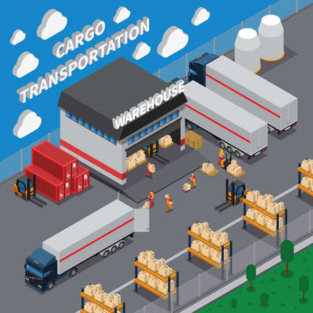 Cargo transportation isometric composition with warehouse, parking, shelves with goods, loading packages in truck vector illustrationのイラスト素材