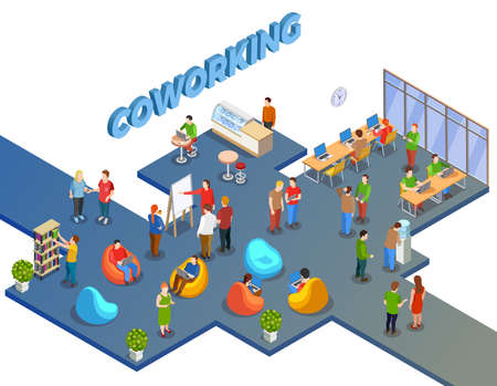 Coworking people isometric composition with open space human figures beanbag chairs and office furniture with text vector illustrationのイラスト素材