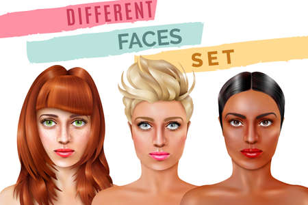Model faces of pretty women with different haircuts and complexion on white background realistic vector illustrationのイラスト素材