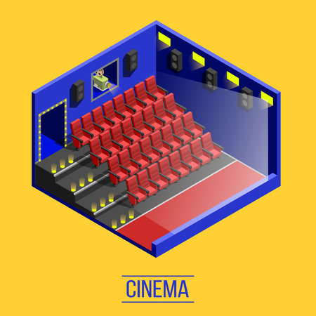 Isometric movie shooting background with indoor cinema auditorium red seats stairs and window to projection room vector illustrationのイラスト素材