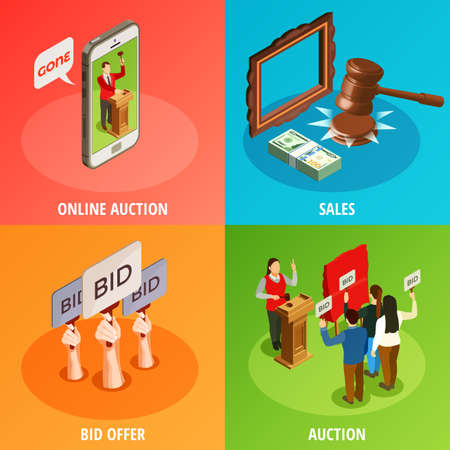 Auction isometric 2x2 design concept with images of human hands holding auction paddles and smartphone online application vector illustrationのイラスト素材