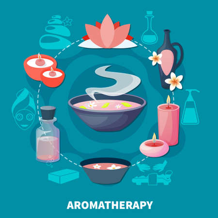 Essential oils aromatherapy for relaxation rejuvenation and stress relief spa wellness resort ad flat poster vector illustrationのイラスト素材