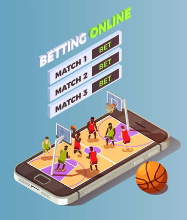 Basketball isometric betting online conceptual composition with basketball court placed on smartphone screen with bet buttons vector illustrationのイラスト素材