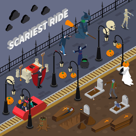 Isometric and colored monster halloween composition with attraction traveling along creepy cemeteryのイラスト素材