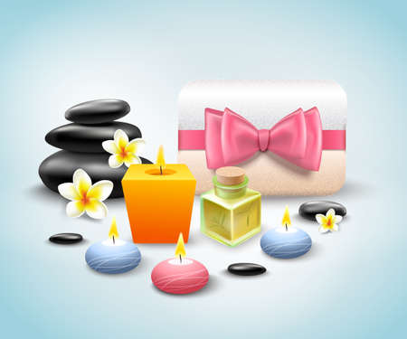 SPA accessories realistic set with frangipani flowers massage stones aroma candles and healing oil vector illustrationのイラスト素材