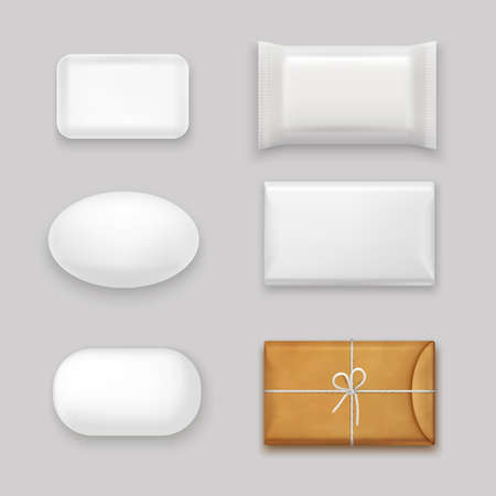 Soap bars realistic set with blank packaging isolated vector illustrationのイラスト素材