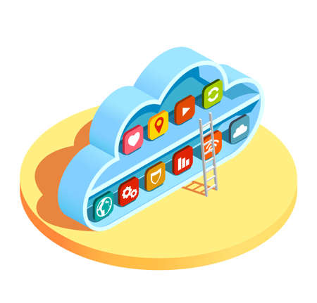 Cloud computing services resources access infrastructure isometric composition with ladder leading to application symbols vector illustrationのイラスト素材