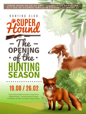 Opening of season in hunting club information poster with fox and greyhound, bushes and trees vector illustrationのイラスト素材