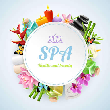 Spa round frame formed from set of spa treatment and cosmetology elements realistic vector illustrationのイラスト素材