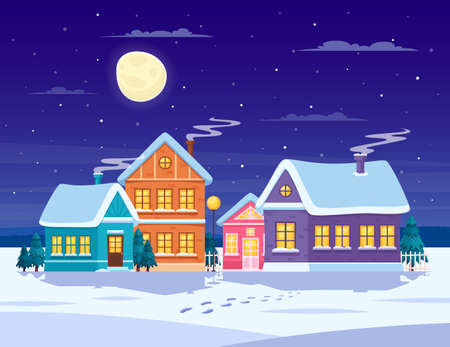 Winter landscape composition with snow and town at night flat vector illustrationのイラスト素材
