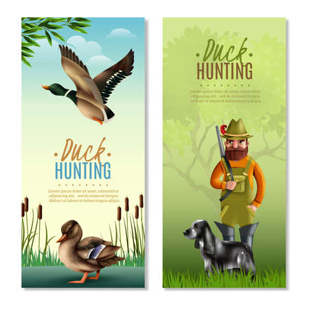 Duck hunting vertical banners including man with shotgun and dog, birds on nature background isolated vector illustrationのイラスト素材