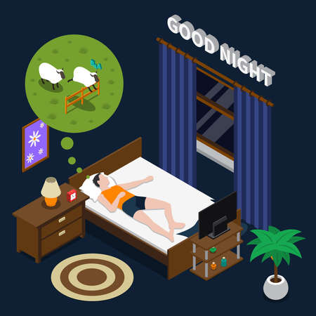 Good night isometric composition on dark background with lying man doing counting sheep in bed vector illustrationのイラスト素材