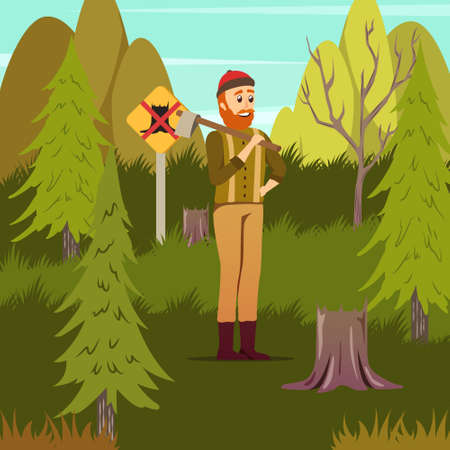 Man-made disastrous deforestation environmental hazard orthogonal forestry background poster with woodcutter among tree stumps vector illustrationのイラスト素材