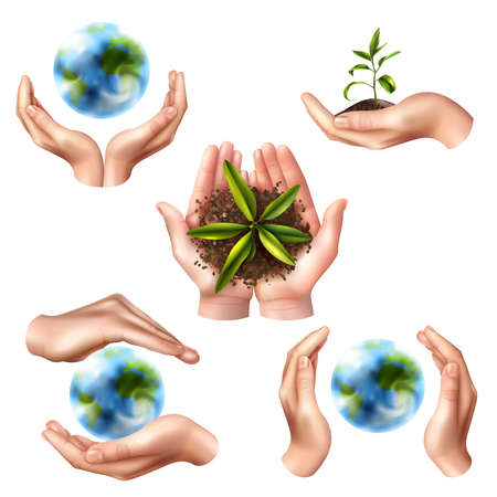 Set of ecology symbols with realistic female hands, globe and green sprout in ground isolated vector illustrationのイラスト素材