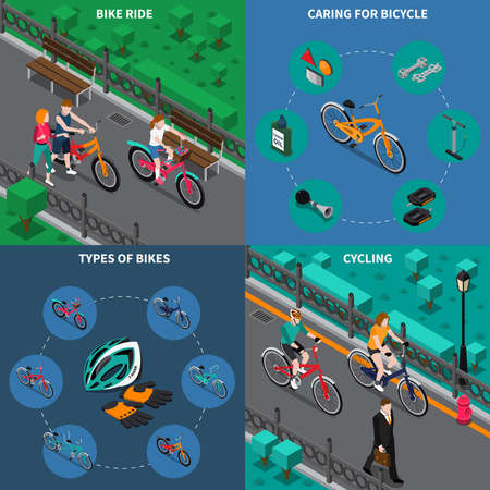 Four squares bicycle isometric composition set with bike ride caring for bicycle types of bikes and...