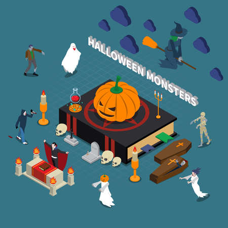 Colored monster halloween isometric composition with different monsters and his scary attributes vector illustrationのイラスト素材