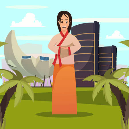 Singapore tourist attractions orthogonal poster with welcoming woman in national clothing and sightseeing landmarks background vector illustrationのイラスト素材