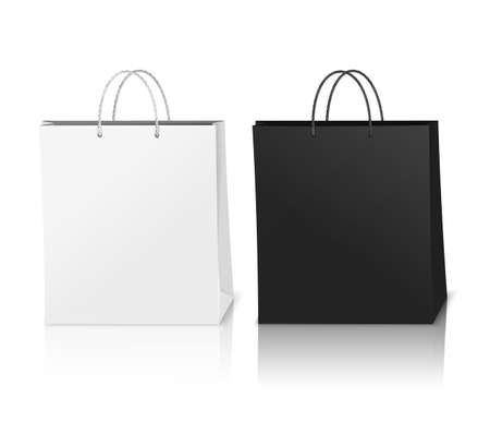 Black and white shopping bags mockup realistic composition with shadows in 3d style vector illustrationの販売画像