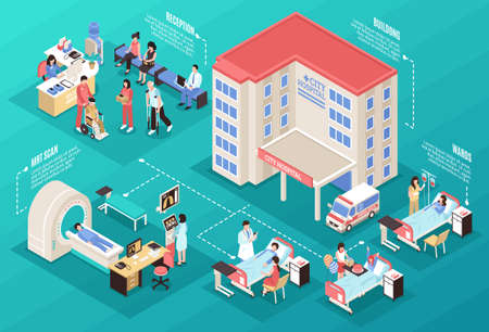 Hospital isometric composition with ward scan and reception symbols isometric vector illustrationのイラスト素材