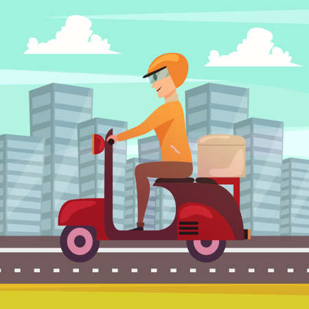 Courier delivery orthogonal poster with motorbike dispatch rider in modern urban center street cityscape background vector illustrationのイラスト素材