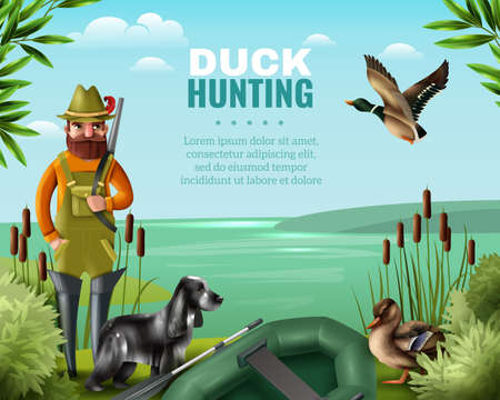 Man in boots with gun for duck hunting, hound and oar boat on river coast vector illustrationのイラスト素材