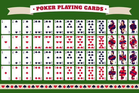 Full deck of poker playing cards with header tape and isolated cards on green background  vector illustrationのイラスト素材