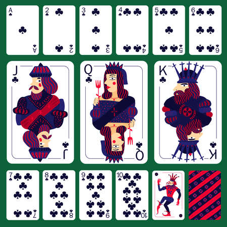 Poker playing cards club suit set laid out on green table isolated vector illustrationのイラスト素材