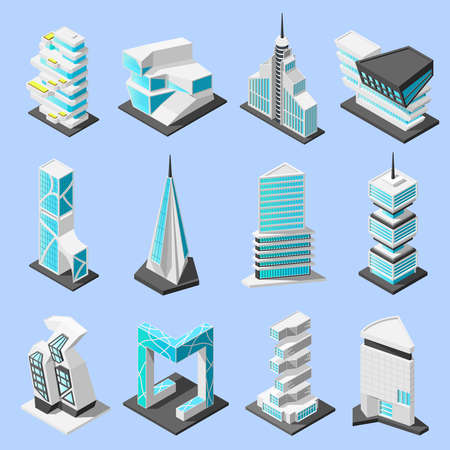 Isometric futuristic architecture set with isolated images of hi tech style modern buildings and skyscrapers vector illustrationのイラスト素材