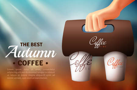 Street food packaging poster including hand holding coffee cup with brand identity on blurred background vector illustrationのイラスト素材