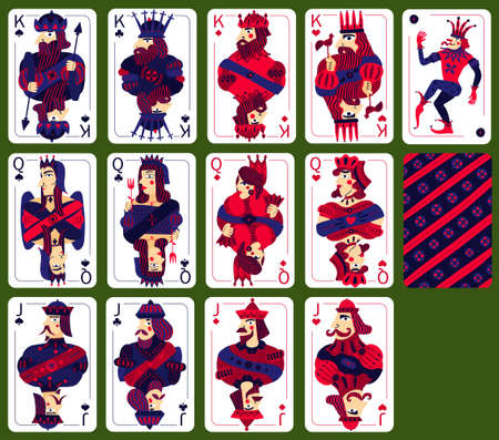 Poker playing cards set with high cards of four suits isolated on green background  vector illustrationのイラスト素材