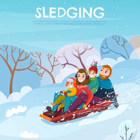Winter recreation poster with sledging and family symbols flat  vector illustrationのイラスト素材