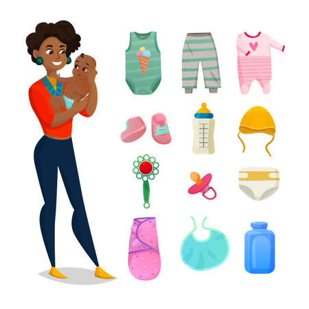 Childrens and baby clothes set with boots and accessories flat isolated vector illustrationのイラスト素材