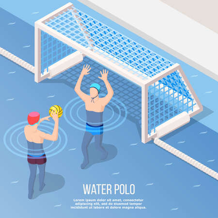 Water polo isometric background with sportsman during throw of ball to gate in swimming pool vector illustrationのイラスト素材