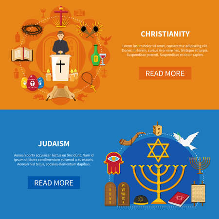 Two colored horizontal religions banner set with Christianity and Judaism descriptions and read more buttons vector illustrationのイラスト素材