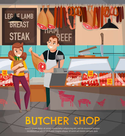 Butcher shop with steak ham and beef symbols flat vector illustrationのイラスト素材