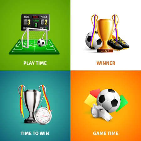 Soccer icons concept with game time, play equipment, winner trophies isolated on bright background vector illustrationのイラスト素材