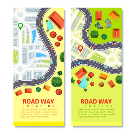 Roadway top view vertical banners with  transport location on city map, residential houses isolated vector illustrationのイラスト素材