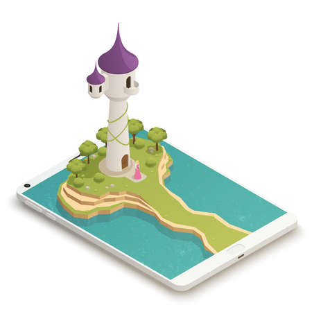 Tall fairy tale tower and beautiful golden-haired girl  beneath isometric composition on smartphone screen vector illustrationのイラスト素材
