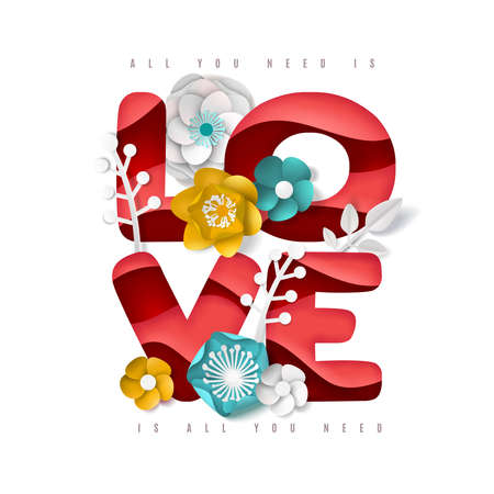 Poster with realistic colored paper flowers and leaves, typographic lettering on white background 3d vector illustrationのイラスト素材