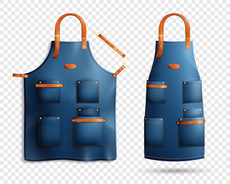 Set of realistic blue aprons with pockets, leather loop and belt isolated on transparent background vector illustrationのイラスト素材