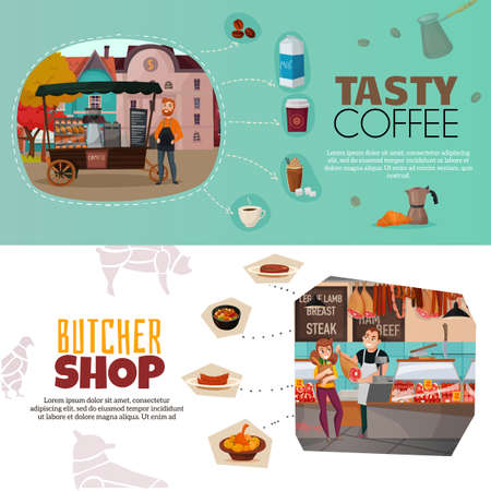 Shops horizontal banners set with coffee street cart and butcher shop symbols flat isolated vector illustrationのイラスト素材