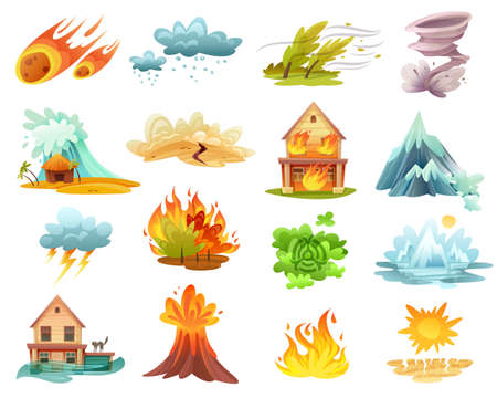 Natural disasters cartoon set of  icons with fires, tsunami, flood, volcano eruption, ice melting isolated vector illustrationのイラスト素材