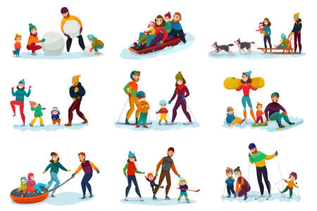 Winter recreation family set with snowballs ski and sleddogs symbols flat isolated vector illustrationのイラスト素材
