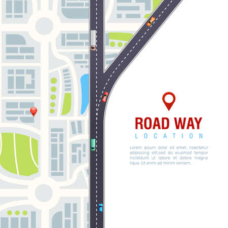 Road navigation poster with vehicles on highway, city map with location sign on white background vector illustrationのイラスト素材