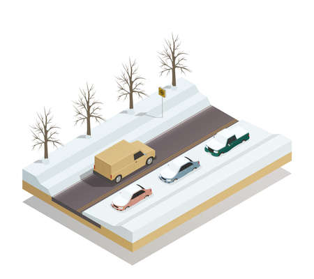 Winter road with riding pickup truck and cars parked at roadside under snow isometric composition vector illustrationのイラスト素材
