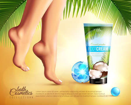 Ad poster with realistic female feet and care cream with coconut on sand color background vector illustrationのイラスト素材