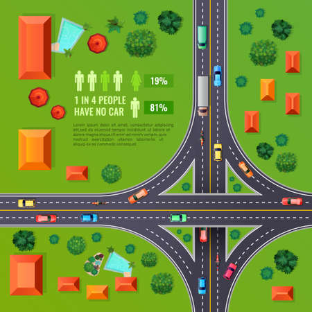 Crossroad with marking top view design with vehicles, buildings, trees, infographic elements on green background vector illustrationのイラスト素材